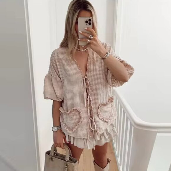 Amazon Women's Blush Checkered Blouse - Picture 1 of 5